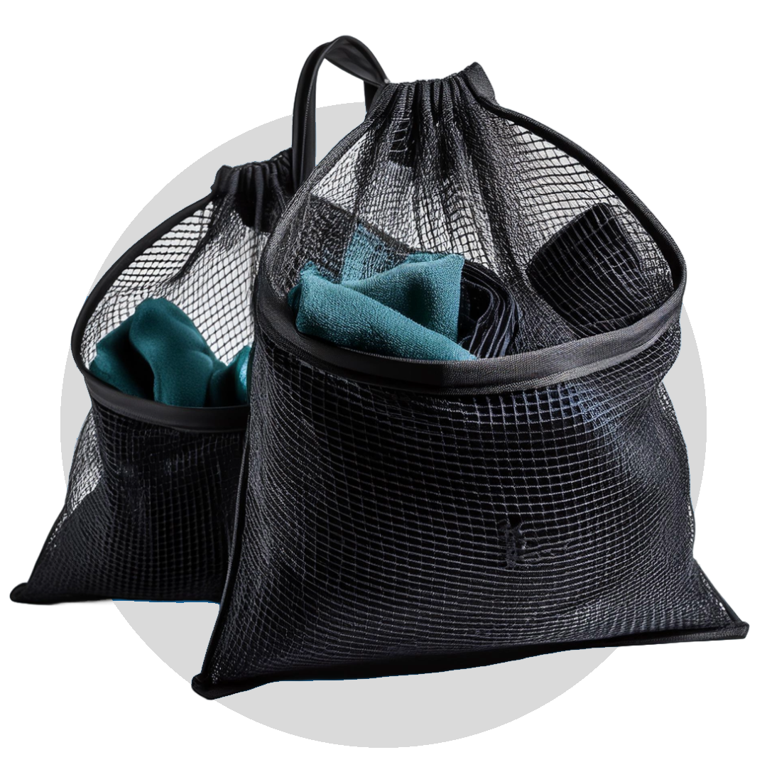 washable mesh laundry bag in a grey circle